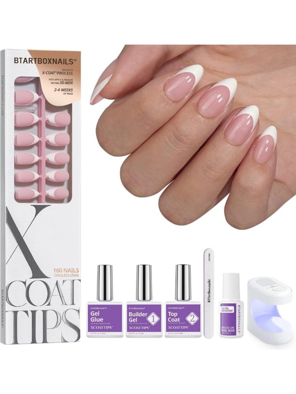 Chic White French Tip Press-On Nails, Almond Shape, Pink Accent - Easy